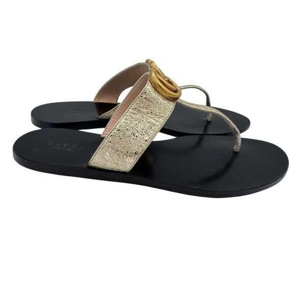 Gucci GG Marmont Gold Crinkle Leather Thong Sandals Size 7 - Picture 3 of 12